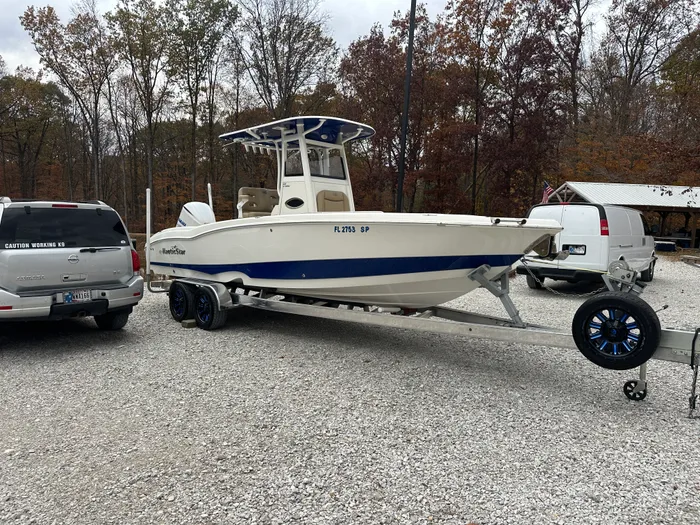 Bay boat on a trailer after an exterior detail