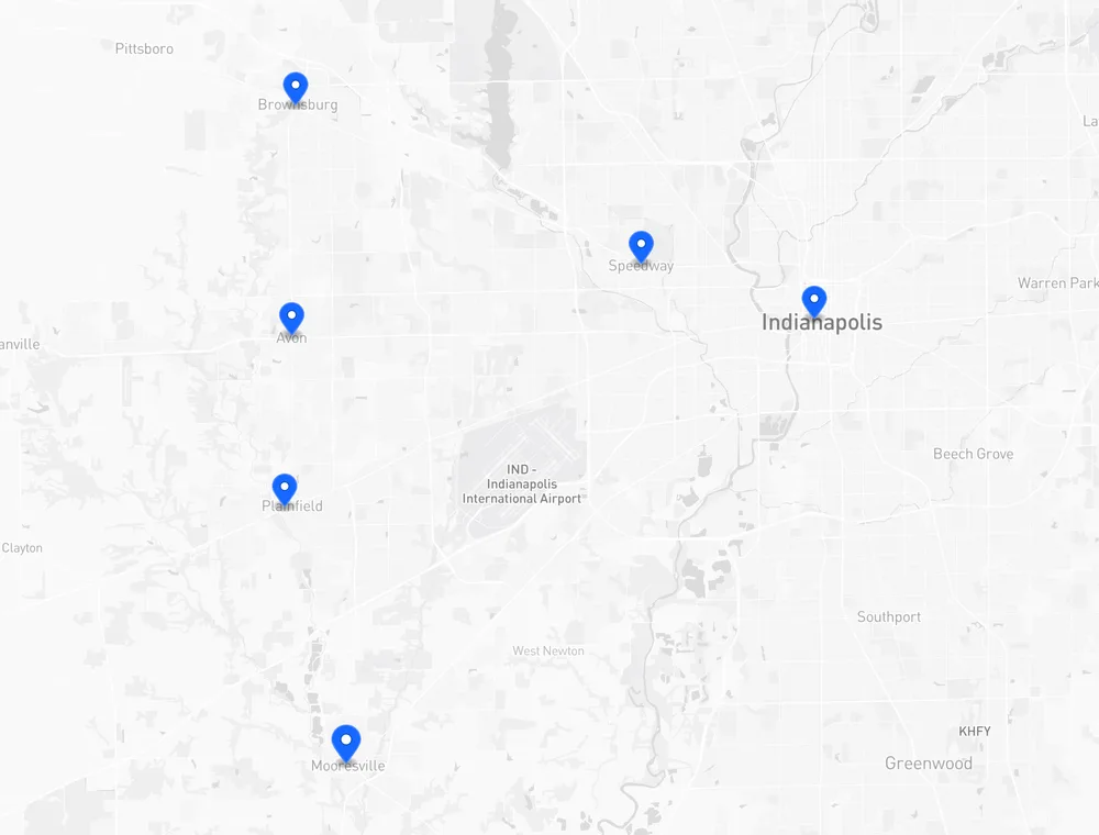 Map of the 6 Central Indiana towns Platinum Pro Clean covers, centred on Mooresville