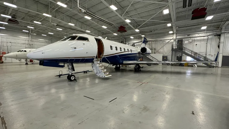 Private jet detailed by Platinum Pro Clean inside an Indiana hangar